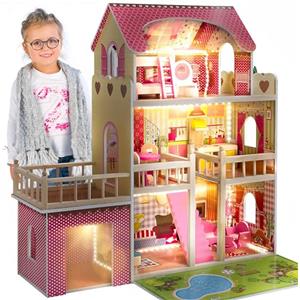 Green series Kinderplay Green Series Casa delle Bambole in Legno - Villa a 3 Piani con LED, Giardino e Garage - Arredi Inclusi - 90x60x90 cm - Modello GS0020