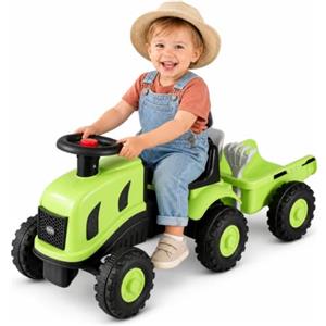 KOMFOTTEU Trattore Cavalcabile per Bambini 1,5-3 Anni (Verde) | Auto Giocattolo con Sedile Confortevole, Rimorchio Rimovibile, Clacson, Cruscotto, Pala e Rastrello, Trattore Giocattolo