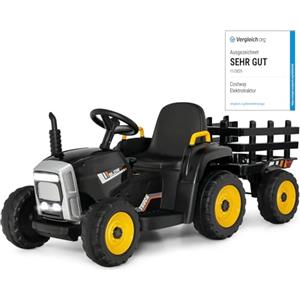 COSTWAY 12V Trattore Elettrico per Bambini 3 Anni+, con Rimorchio (Nero) | Trattore Cavalcabile con Telecomando Luci e Suoni, Macchina Elettrica per Bambini, Carico 30kg