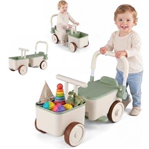 KOMFOTTEU Auto Cavalcabile per Bambini per Bambini 3-6 Anni (Verde) | Auto a Spinta 3 in 1 con Sedile Confortevole, Corda di Traino, Vano Portaoggetti e Ruote Antiscivolo, Macchina Primi Passi