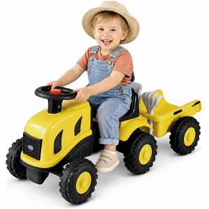 KOMFOTTEU Trattore Cavalcabile per Bambini 1,5-3 Anni (Giallo) | Auto Giocattolo con Sedile Confortevole, Rimorchio Rimovibile, Clacson, Cruscotto, Pala e Rastrello, Trattore Giocattolo