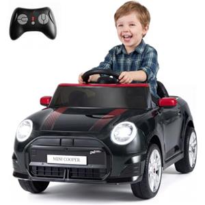 COSTWAY BMW Mini Cooper 12V Macchina Elettrica per Bambini 3-8Anni (Nero) | Auto Elettrica con Telecomando, Luci LED , Musica e Clacson, Veicoli Elettrici per Bambini, Carico 30 kg, 97 x 56 x 48 cm