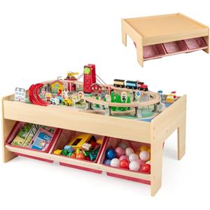 RELAX4LIFE Tavolo con Set Treno in Legno da 92 Pezzi, Tavolo Gioco Multifunzionale con Superfici Reversibili, 3 Contenitori Pieghevoli in Tessuto, Binari, Macchinine, Set Treno per Bambini da 3+ Anni