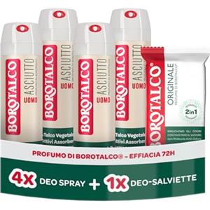 Borotalco, Deodorante Uomo Spray Asciutto 4x150ml, Deo-Salviette Originale | Formula con Talco Vegetale per Ipersudorazione, 72h di Efficacia, Salviette Deodoranti con Molecole Anti-Odore