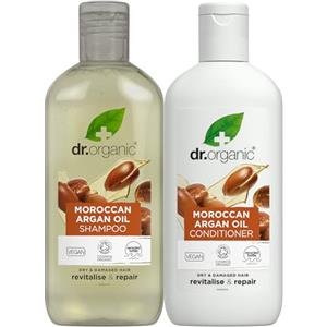 Dr.Organic Dr Organic, set shampoo e balsamo all'olio di argan marocchino con borsa da viaggio, cura della pelle per donne e uomini, rivitalizza, idrata e nutre, vegano, cruelty free, parabeni e SLS, confezione