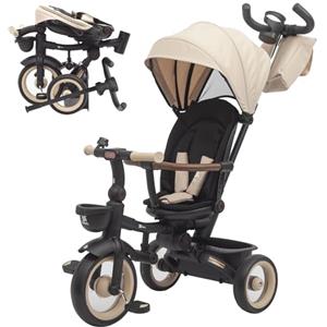 Twinly Sami - Triciclo Evolutivo, Sedile Girevole 360°, Beige | 9 mesi-5 anni, Fino a 25 kg, Cappottina UPF 50+, Pieghevole, Cintura di sicurezza a 5 punti, Manubrio genitori regolabile