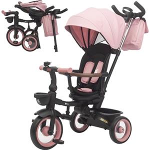 Twinly SAMI Triciclo Evolutivo Pieghevole con Maniglione - Triciclo per Bambini da 1 Anno a 5 Anni, Sedile Girevole e Reclinabile, Cappottina UPF50+, Ruota Libera e Cinture di Sicurezza - Rosa