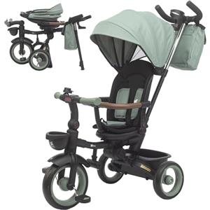 Twinly SAMI Triciclo Evolutivo Pieghevole con Maniglione - Triciclo per Bambini da 1 Anno a 5 Anni, Sedile Girevole e Reclinabile, Cappottina UPF50+, Ruota Libera e Cinture di Sicurezza - Dark Green