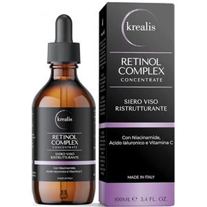 Krealis Siero Retinolo Viso Antirughe 100ml con Niacinamide, Ialuronico, Vitamina C | Azione Antimacchia e Uniformante, Idrata e Leviga, Incarnato più Compatto, Made in Italy
