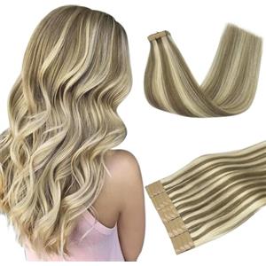 DOORES Extension Biadesivo Capelli Veri Extensions, Castano Chiaro con Riflessi Biondo Medio 35cm 14 pollice 50g 20pcs, Capelli Lisci Extension Biadesivo