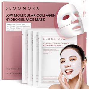 BLOOMORA Face Mask Collagen Maschera Collagene Viso, Overnight, 34g 4pz | Idrogel e Basso Peso Molecolare, Rassodante e Elasticità, Idratazione Profonda, Affinante i Pori, Illuminazione della Pelle