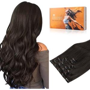 DOORES Extension con clip in capelli umani castano scuro, 30,5 cm, 7 pezzi, 80 g, extension Remy da donna lisci e setosi
