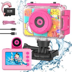 CHAKEYAKE Macchina Fotografica Bambini, 2.0" Fotocamera Digitale Impermeabile, 1080P 180 °Flip Len, Subacquea Macchina Fotografica Giocattolo Videocamera con Scheda SD 32G per Bambini 3-12 anni