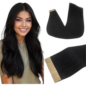 DOORES Extension Capelli Veri Biadesivo, Nero Jet 40cm 16 pollice 50g 20pcs, Remy Hair Extensions Umano Extension Bioadesive Capelli Lisci