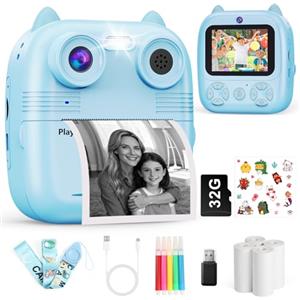 Bistfy Macchina Fotografica Bambini Istantanea, 48MP e 1080FHD Dual-Camera Obiettivo Fotocamera Digitale con 4 Rulli di Carta da Stampa 2,4 Pollici IPS Schermo di Protezione Oculare 32GB Scheda (Blu)