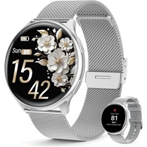 SLOKSFil Smartwatch donna con Bluetooth Chiamate, 1,39" Orologio donna rotondo SpO2/24H Cardiofrequenzimetro/Pressione Sanguigna/Sonno Contapassi 100+ Modalità Sportive per iOS Android (Argento)