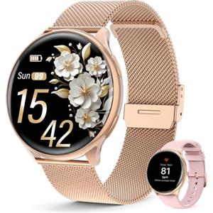 SLOKSFil Smartwatch donna con Bluetooth Chiamate, 1,39" Orologio donna rotondo SpO2/24H Cardiofrequenzimetro/Pressione Sanguigna/Sonno Contapassi 100+ Modalità Sportive per iOS Android (Oro rosa)