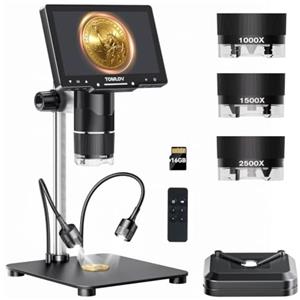 TOMLOV TriL107 Microscopio Digitale a 3 Lenti per Completa delle Monete | Cambio Rapido tra 3 Lenti, Display IPS da 7", Video 2K/Foto 30MP, Ingrandimento 2500X, 14 LED, Compatibile con PC/TV