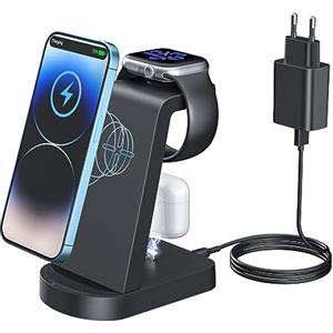 INNISTO Caricatore Wireless,INNISTO 3 In 1 Caricabatterie Wireless Induttiva,stazione ricarica Compatibile Con iPhone 17/16/15/14/13/12 Pro/Pro Max,Apple Watch Ultra/10/9/8/7/6/5/SE/SE 2 AirPods321/Pro1 Nero