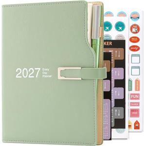 Holderzwu Diario accademico 2027, formato A5, giorno per pagina, agenda con adesivi calendari, agenda con portapenne e penna, carta spessa di alta qualità, 14 x 21,5 cm (verde)