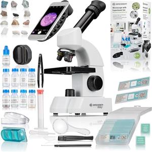 Bresser Junior Microscopio per Bambini 6 anni 40x-640x con QR Code | Luce trasmessa, Adattatore smartphone, 20 vetrini con QR Code, 7 vetrini vuoti, Kit Artemia, 75 pezzi, Illuminazione LED
