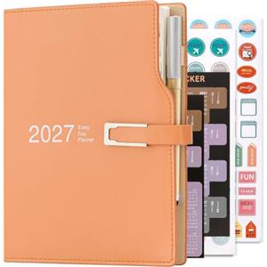 Holderzwu Diario accademico 2027, formato A5, giorno per pagina, agenda con adesivi calendari, agenda con portapenne e penna, carta spessa di alta qualità, 14 x 21,5 cm (arancione)
