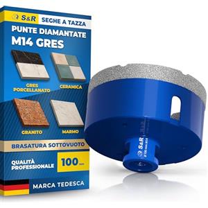 S&R Punta Diamantata per Gres 100mm. Foretto Diamantato 100mm - M14 per Smerigliatrice. Sega a Tazza Diamantata 100 mm per Gres Porcellanato, Piastrelle, Ceramica, Marmo, Granito, Pietra.