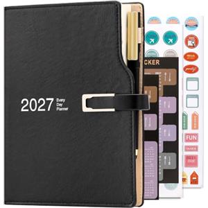 Holderzwu Agenda accademica 2027 - Formato A5 - Una pagina al giorno - Con adesivi calendario - Con portapenna e penna inclusa - Carta spessa di alta qualità - 14 x 21,5 cm - Nero