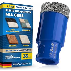 S&R Punta Diamantata 35mm per Gres e Piastrelle. Foretto Diamantato 35mm - M14 per Smerigliatrice. Sega a Tazza Diamantata 35 mm per Gres Porcellanato, Piastrelle, Ceramica, Marmo, Granito, Pietra.