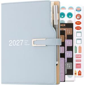 Holderzwu Diario accademico 2027, formato A5, giorno per pagina, agenda con adesivi calendari, agenda con portapenne e penna, carta spessa di alta qualità, 14 x 21,5 cm, blu