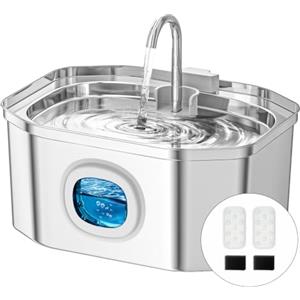 APAUK Fontanella per gatti,Apauk 3.2L fontanella per gatti acciaio Inox, fontana per Cani piccoli,Ultra silenziosa,con finestra LED, Sistema di filtraggio multistrato (S con 2 filtri & 2 spugne)