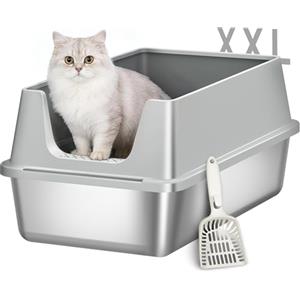 Fobyfurny Lettiera in Acciaio per Gatti XXL, 60,5x40x29 cm, Grigio Chiaro | Metallo Lettiera Acciaio con Bordi Alti, Grande Capacità Lettiere per Gatti, Paletta, Facile da Pulire FPLB003SG1