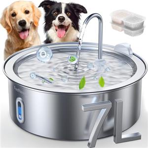 FEELNEEDY 7L Fontana per Gatti in Acciaio Inossidabile, Fontana Per Cani più 2 Filtri Super Silenzioso con Finestra del Livello Dell'Acqua