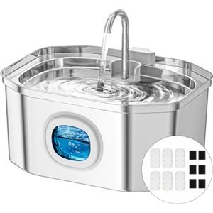 APAUK Fontanella per gatti,Apauk 3.2L fontanella per gatti acciaio Inox, fontana per Cani piccoli,Ultra silenziosa,con finestra LED, Sistema di filtraggio multistrato (S con 6 filtri & 6 spugne)