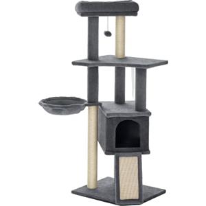 PawHut Albero Tiragraffi per Gatti Multilivello Alto 127 cm, Grigio | Torre per Gatti, Pali Graffiatoi in Sisal, Rampa, Cesto, Cuccia, Amaca, Pallina Pendente, Piattaforme, in Peluche