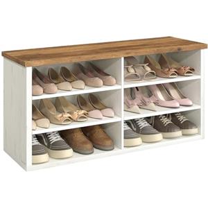 VASAGLE Panca Scarpiera, 6 Scomparti, Ripiani Regolabili | Scarpiera Ingresso, per Soggiorno Corridoio, 100 x 29,5 x 50 cm, Bianco Vintage e Marrone Miele, Collezione KEAN LSB036W02