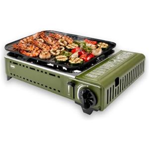 Amig - Cucina a gas da campeggio BBQ01 - Fornello grill portatile - Griglia in alluminio pressofuso - Con vaschetta raccogli grasso in acciaio inox - 1,8 kW di potenza - Cartucce B-250