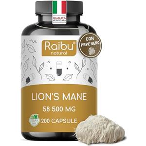 RAIBU Lions Mane 58.500 mg (Estratto 30:1) Capsule - Per il Cervello, il Benessere e l'Umore - Hericium Erinaceus, Vitamina C e Pepe Nero - 30% Polisaccaridi, 5% Beta-Glucani - Raibu