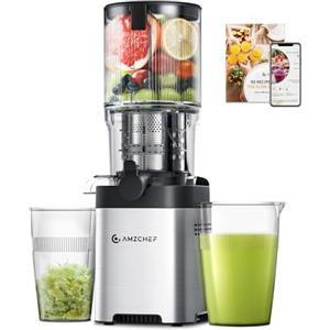 AMZCHEF Estrattore Frutta e Verdura 136mm, 1.8L Centrifuga Lenta 180W, Doppia Coclea in Acciaio Inox, Facile da Montare e Pulire, per Succo/Smoothie/Frullato