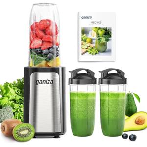 Ganiza Frullatore, 900 W, mini frullatore con 3 bicchieri portatili (2 × 500 ml & 1 × 700 ml), lama a quattro lame in acciaio inox, senza BPA, facile da pulire, frullatore elettrico per shake