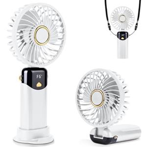 AUAUY Ventilatore Portatile a Mano, 6 Velocità Ventilatori, 2000mAh, Bianco | Ricaricabile, Display a LED, per Casa, Ufficio, Viaggi, Camera da Letto, Biblioteca