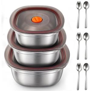 AVENHO Contenitori per Alimenti con Datario, 3 Pezzi (1500ml, 2000ml, 2500ml), 304 Acciaio Inox, Coperchio Ermetico, Lavabile in Lavastoviglie, Ideale per Pranzo, Picnic e Palestra