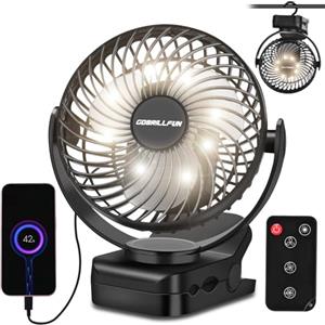 GOBRILLFUN Ventilatore a Clip 6", 12000 mAh, Telecomando, 9 LED, 3 velocità | 3 velocità e ricarica USB per casa, ufficio, camper, tenda e campeggio