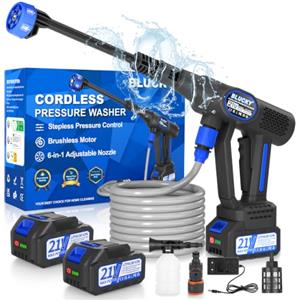 Blucky Idropulitrice a Batteria con Pressione Variabile e 2 ×4.0 Batterie | Idropulitrice portatile con motore brushless, ugello 6 in 1 e flacone schiuma per auto, terrazze e pulizie esterne