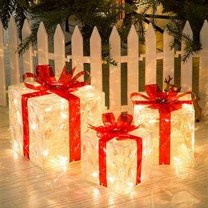 GlobaLink Set di 3 Scatole Luminose Natalizie, 60 LED Pacco Regalo Natale Luminoso con Spina 8 Modalità con Timer Impermeabile PVC Pacchi Regalo con Luci Led per Decora Feste Compleanni, Bianco Caldo