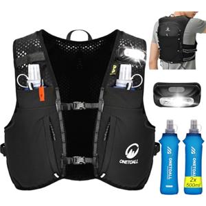 ONETOALL Gilet Running Uomo Donna, Zaino Trail Running con 2 Borraccia Morbida 500ml y Luce LED Ricaricabile, Gilet Corsa Leggero, Running Vest Zaino Corsa Zaino Idratazione per Trekking Ciclismo Sci