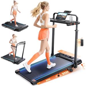 RUNIMON Tapis Roulant Elettrico Piehevole, 6 IN 1 Tapis Roulant Salvaspazio 1-12km/h con Inclinazione 12%, 3,0 HP, Maniglia Telescopica da 15 cm e Cintura Luminosa RGB, Carico Massimo 150 kg