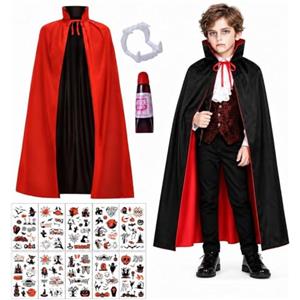 HHDESHSL Costume da Vampiro Bambino Halloween, 90 CM Mantello Vampiro Nero Rosso, Vampire Cape per Bambini con Zanne Sangue Finto e Tatuaggi, Mantello da Dracula per Halloween Carnevale Cosplay