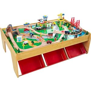 KidKraft Tavolo e Pista Trenino Waterfall Mountain in Legno per Bambini con Contenitori, Veicoli in Legno come Auto, Elicottero, Gru ed Aereo Giocattolo per Bambini 3+ Anni, 17850