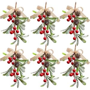 HERZWILD 6 decorazioni natalizie artificiali a forma di vischio con vischio glitterato, con bacche, decorazioni da appendere per albero di Natale, ghirlande floreali per porte e finestre (rosso, C-6
